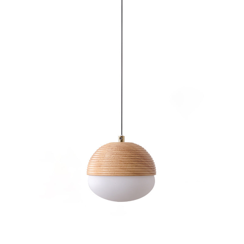 Modern Minimalist Liftable Nut-Shaped Iron Ash Wood Glass 1-Light Pendant Light For Bedroom