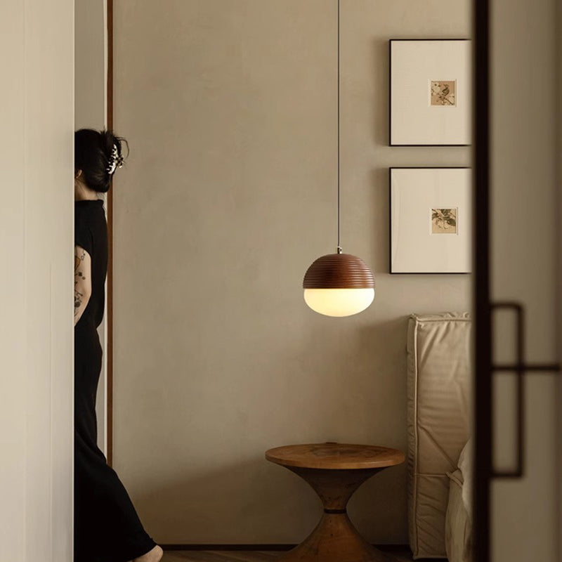 Modern Minimalist Liftable Nut-Shaped Iron Ash Wood Glass 1-Light Pendant Light For Bedroom