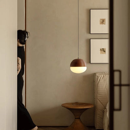 Modern Minimalist Liftable Nut-Shaped Iron Ash Wood Glass 1-Light Pendant Light For Bedroom