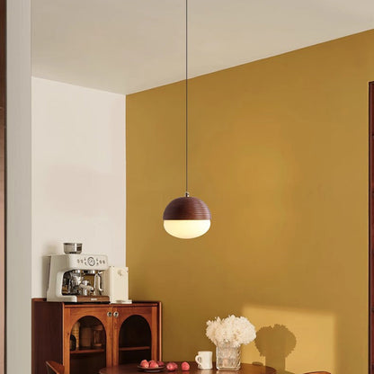 Modern Minimalist Liftable Nut-Shaped Iron Ash Wood Glass 1-Light Pendant Light For Bedroom