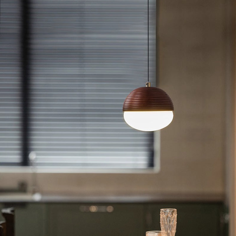 Modern Minimalist Liftable Nut-Shaped Iron Ash Wood Glass 1-Light Pendant Light For Bedroom