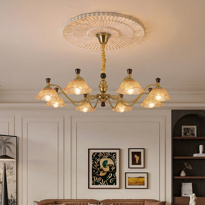 Traditional French Multi-Flower Iron Wood Glass 6/8-Light Chandelier For Living Room