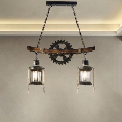 Contemporary Industrial Gear Wood Iron Glass 2 - Light Chandeliers For Dining Room