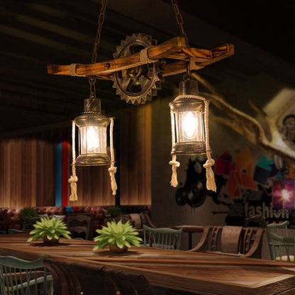 Contemporary Industrial Gear Wood Iron Glass 2 - Light Chandeliers For Dining Room