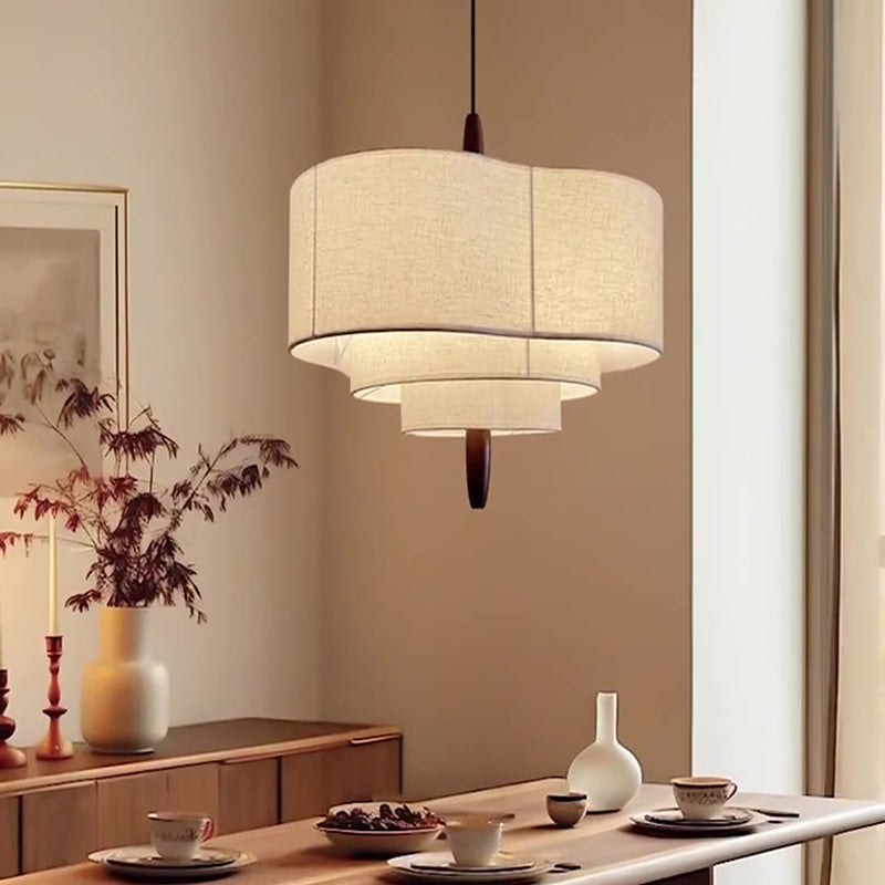 Traditional Vintage Irregular Shape Iron Solid Wood Fabric 1-Light Pendant Light For Dining Room