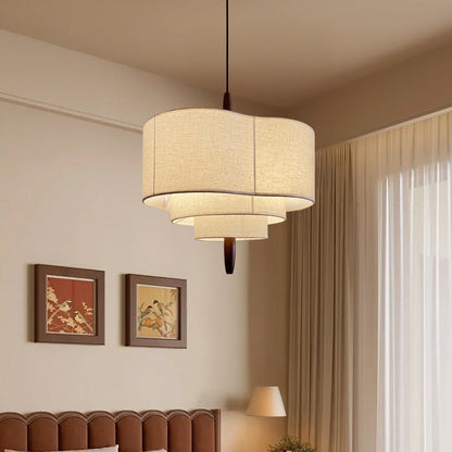 Traditional Vintage Irregular Shape Iron Solid Wood Fabric 1-Light Pendant Light For Dining Room