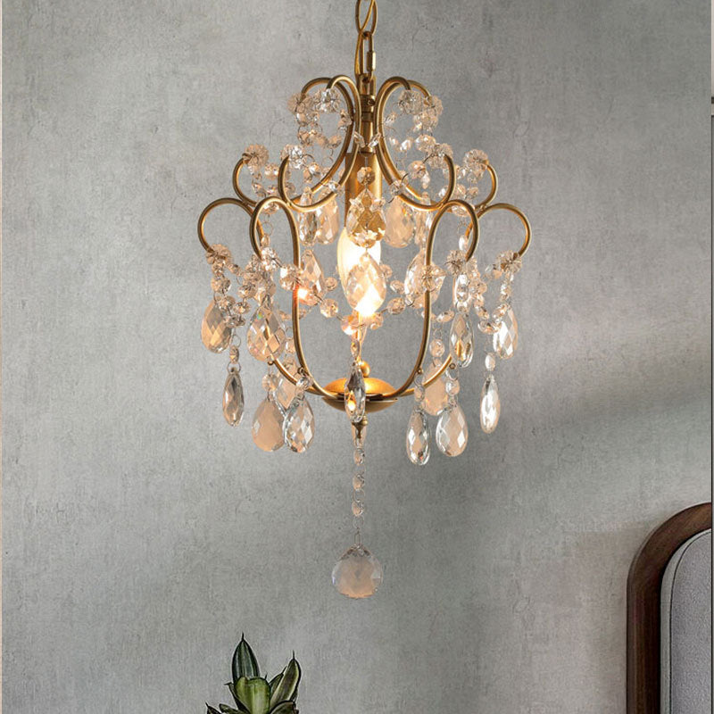 Traditional French Iron Crystal Flower 1-Light Chandelier For Dining Room