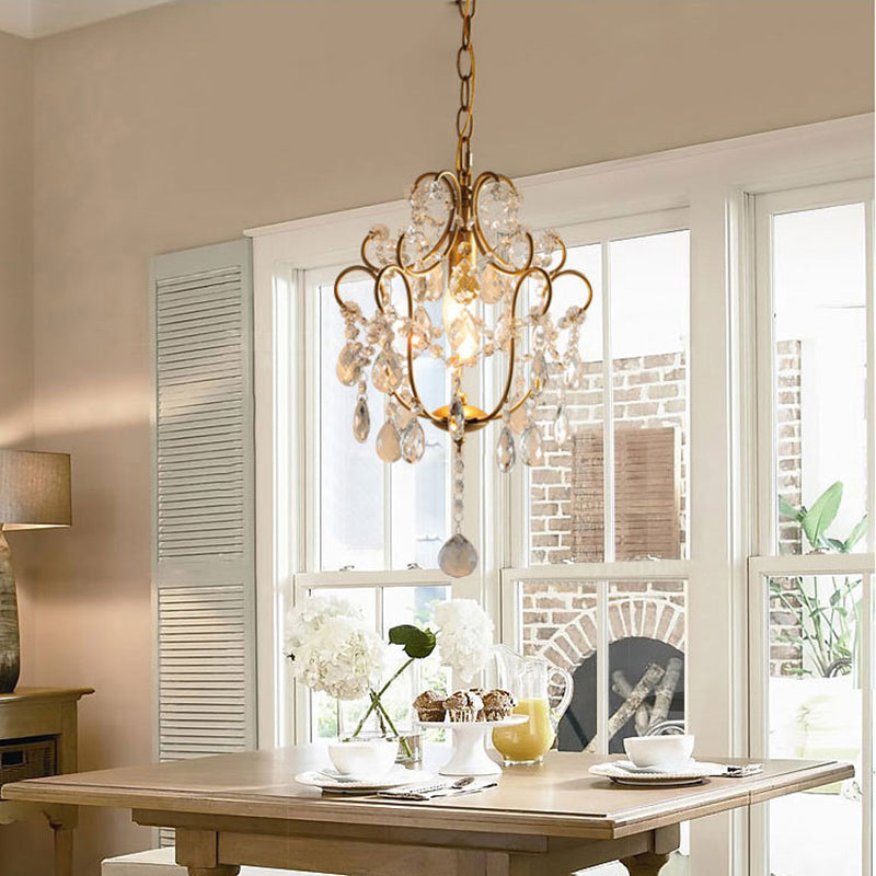 Traditional French Iron Crystal Flower 1-Light Chandelier For Dining Room