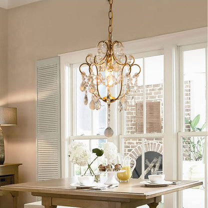 Traditional French Iron Crystal Flower 1-Light Chandelier For Dining Room