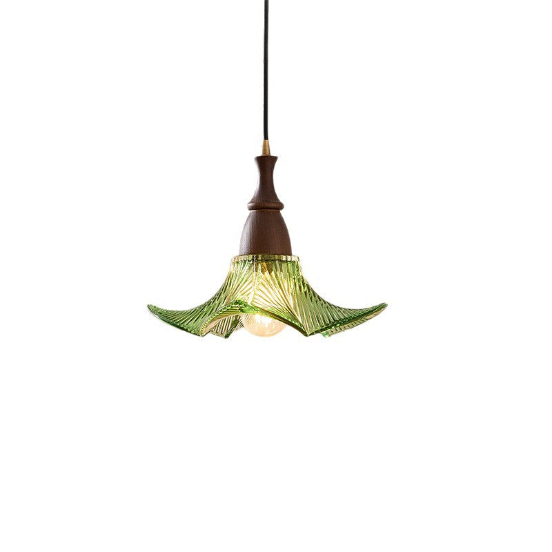 Traditional Vintage Floral Solid Wood Glass 1-Light Pendant Light For Dining Room