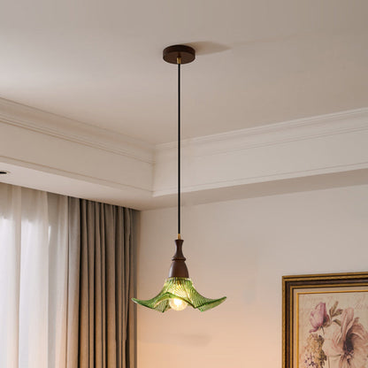 Traditional Vintage Floral Solid Wood Glass 1-Light Pendant Light For Dining Room