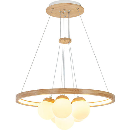 Contemporary Nordic Spherical Solid Wood Plastic LED Chandelier For Bedroom