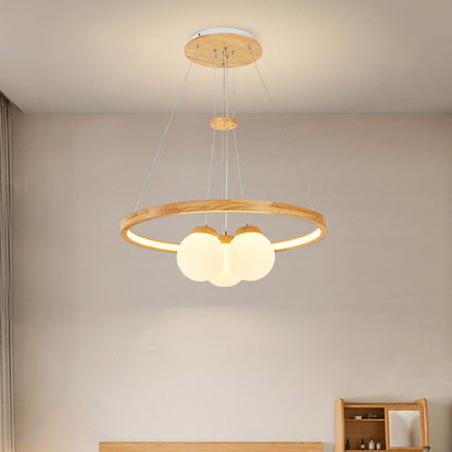Contemporary Nordic Spherical Solid Wood Plastic LED Chandelier For Bedroom