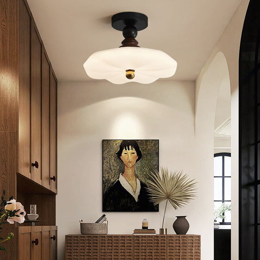 Traditional Vintage Flower Shaped Iron Rubberwood Plastic LED Semi-Flush Mount Ceiling Light For Dining Room