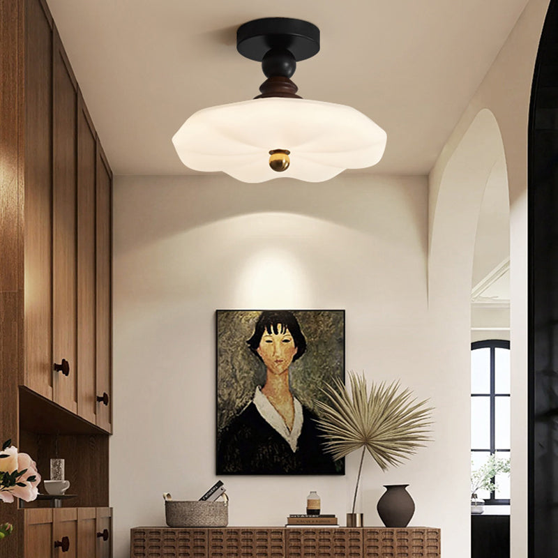Traditional Vintage Flower Shaped Iron Rubberwood Plastic LED Semi-Flush Mount Ceiling Light For Dining Room