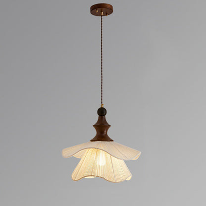 Traditional Vintage Petal Shaped Solid Wood Fabric 1-Light Pendant Light For Dining Room