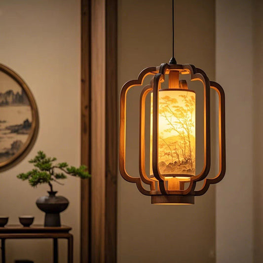 Traditional Chinese Lantern Shape Solid Wood Fabric 1-Light Pendant Light For Dining Room