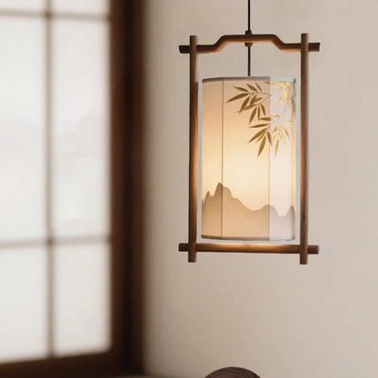 Traditional Chinese Lantern Shape Solid Wood Fabric 1-Light Pendant Light For Dining Room