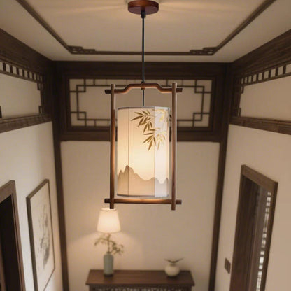 Traditional Chinese Lantern Shape Solid Wood Fabric 1-Light Pendant Light For Dining Room