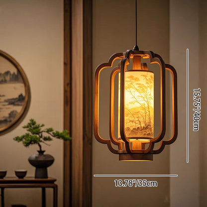 Traditional Chinese Lantern Shape Solid Wood Fabric 1-Light Pendant Light For Dining Room
