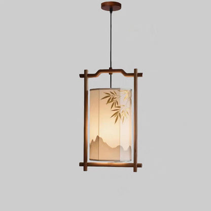 Traditional Chinese Lantern Shape Solid Wood Fabric 1-Light Pendant Light For Dining Room