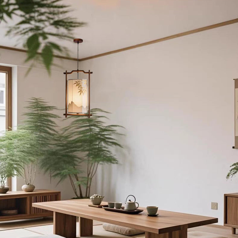 Traditional Chinese Lantern Shape Solid Wood Fabric 1-Light Pendant Light For Dining Room
