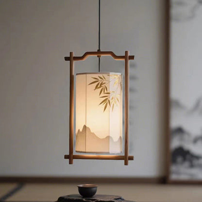 Traditional Chinese Lantern Shape Solid Wood Fabric 1-Light Pendant Light For Dining Room