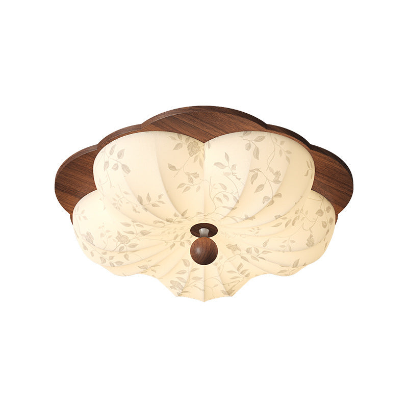 Traditional Vintage Flower Shaped Iron Wood Fabric LED Flush Mount Ceiling Light For Bedroom