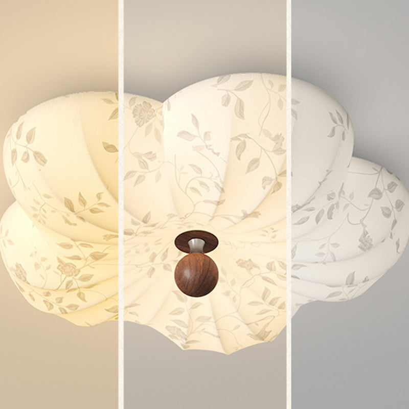 Traditional Vintage Flower Shaped Iron Wood Fabric LED Flush Mount Ceiling Light For Bedroom