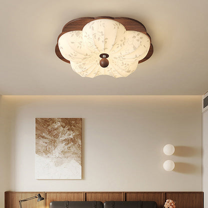 Traditional Vintage Flower Shaped Iron Wood Fabric LED Flush Mount Ceiling Light For Bedroom