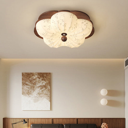 Traditional Vintage Flower Shaped Iron Wood Fabric LED Flush Mount Ceiling Light For Bedroom