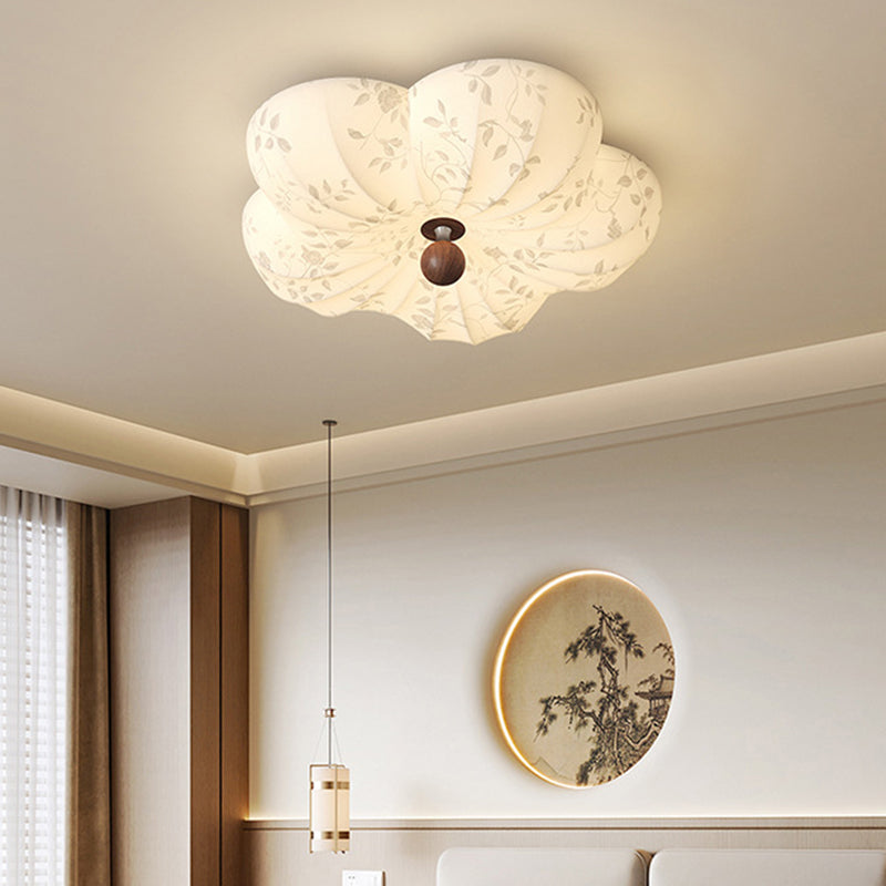 Traditional Vintage Flower Shaped Iron Wood Fabric LED Flush Mount Ceiling Light For Bedroom