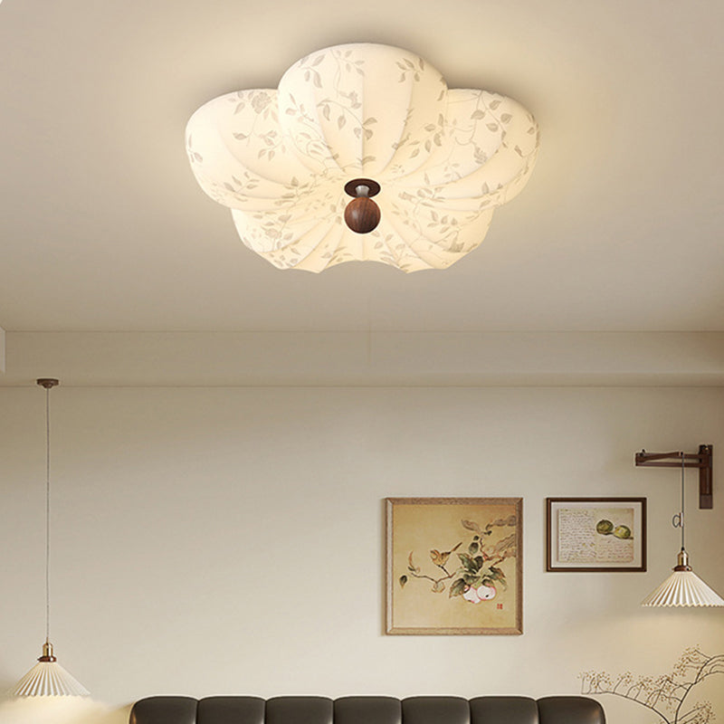 Traditional Vintage Flower Shaped Iron Wood Fabric LED Flush Mount Ceiling Light For Bedroom
