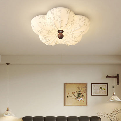 Traditional Vintage Flower Shaped Iron Wood Fabric LED Flush Mount Ceiling Light For Bedroom