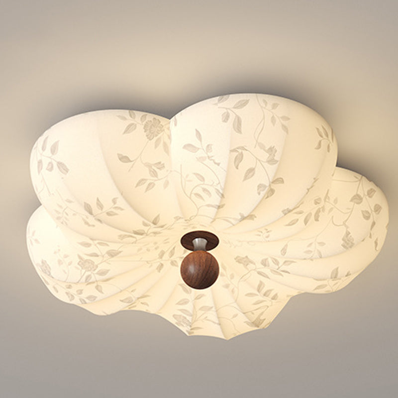 Traditional Vintage Flower Shaped Iron Wood Fabric LED Flush Mount Ceiling Light For Bedroom