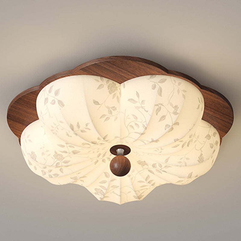 Traditional Vintage Flower Shaped Iron Wood Fabric LED Flush Mount Ceiling Light For Bedroom