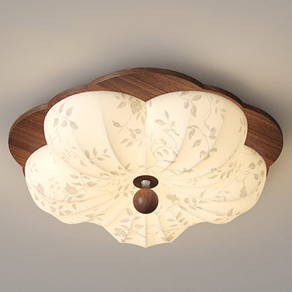 Traditional Vintage Flower Shaped Iron Wood Fabric LED Flush Mount Ceiling Light For Bedroom