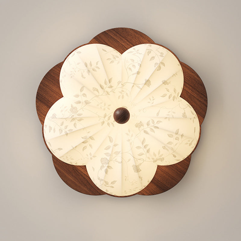 Traditional Vintage Flower Shaped Iron Wood Fabric LED Flush Mount Ceiling Light For Bedroom