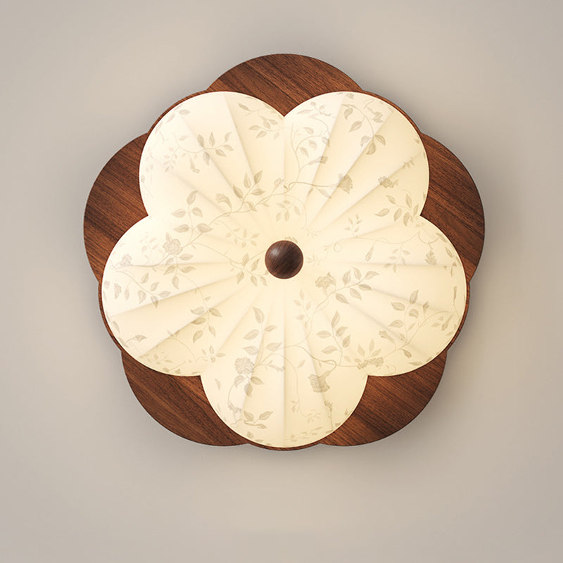 Traditional Vintage Flower Shaped Iron Wood Fabric LED Flush Mount Ceiling Light For Bedroom
