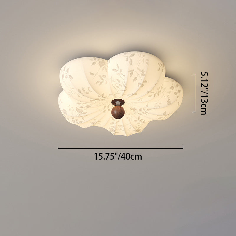 Traditional Vintage Flower Shaped Iron Wood Fabric LED Flush Mount Ceiling Light For Bedroom