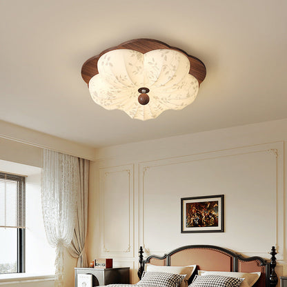 Traditional Vintage Flower Shaped Iron Wood Fabric LED Flush Mount Ceiling Light For Bedroom