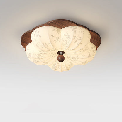 Traditional Vintage Flower Shaped Iron Wood Fabric LED Flush Mount Ceiling Light For Bedroom