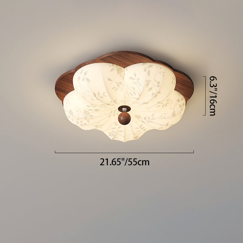 Traditional Vintage Flower Shaped Iron Wood Fabric LED Flush Mount Ceiling Light For Bedroom