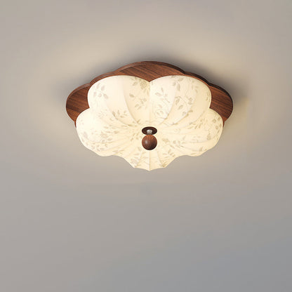 Traditional Vintage Flower Shaped Iron Wood Fabric LED Flush Mount Ceiling Light For Bedroom