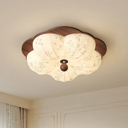 Traditional Vintage Flower Shaped Iron Wood Fabric LED Flush Mount Ceiling Light For Bedroom