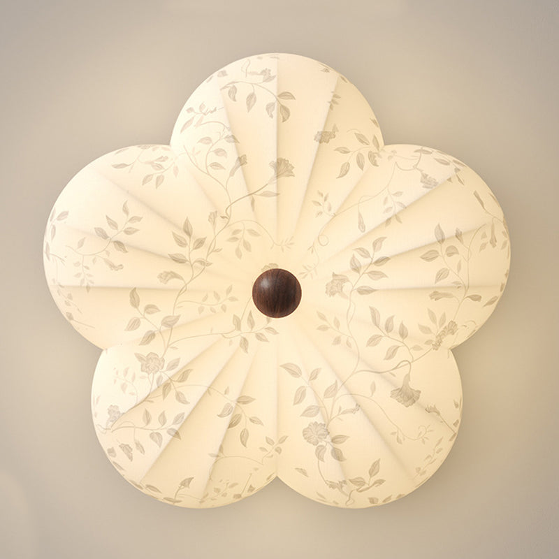 Traditional Vintage Flower Shaped Iron Wood Fabric LED Flush Mount Ceiling Light For Bedroom