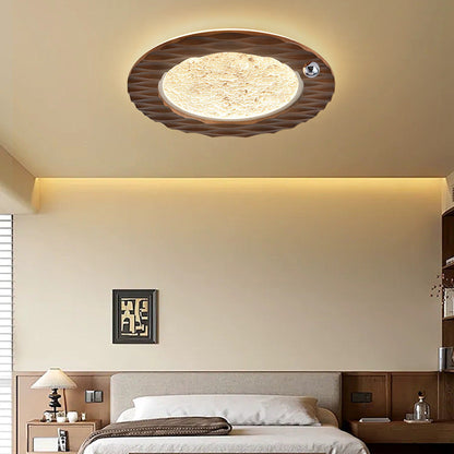 Traditional Vintage Round Oak Iron Acrylic LED Flush Mount Ceiling Light For Bedroom