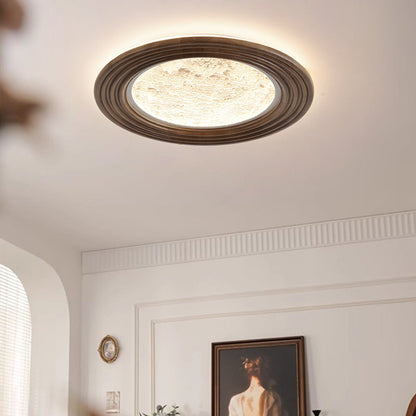 Traditional Vintage Round Oak Iron Acrylic LED Flush Mount Ceiling Light For Bedroom