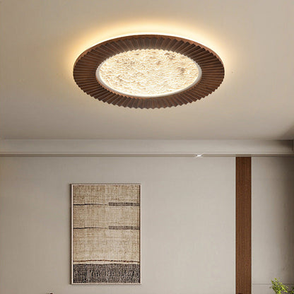 Traditional Vintage Round Oak Iron Acrylic LED Flush Mount Ceiling Light For Bedroom
