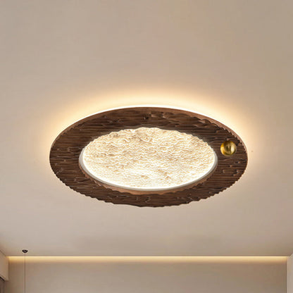 Traditional Vintage Round Oak Iron Acrylic LED Flush Mount Ceiling Light For Bedroom
